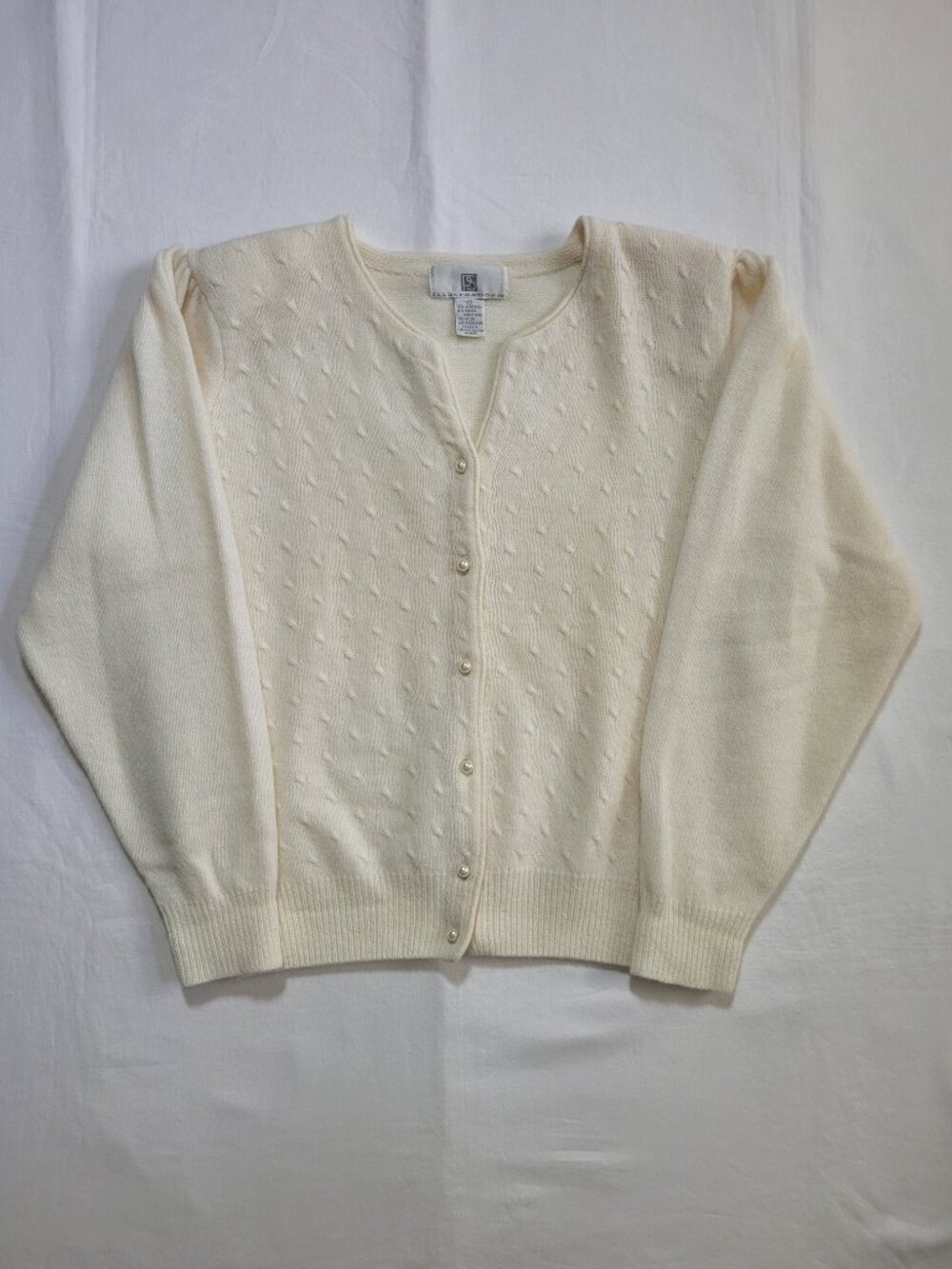 PS Illustrations Pointelle Knit Cardigan Sweater Ivory Medium Lambswool Blend - Picture 2 of 9